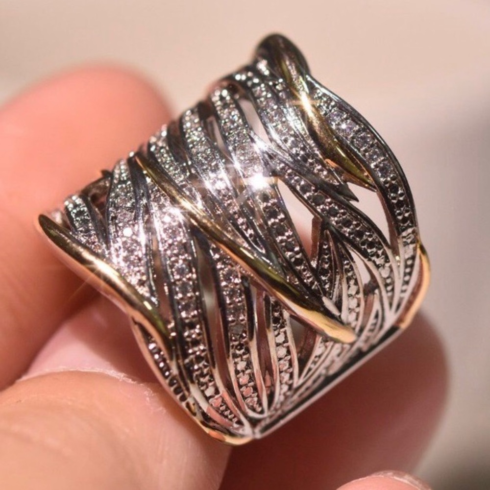 NEW TWO TONE 925 STERLING SILVER DIAMOND RING - Picture 8 of 8